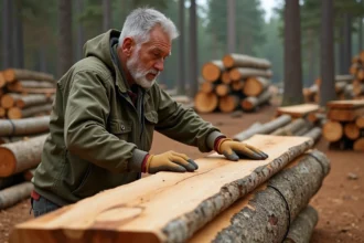 Ouvrier forestier inspectant des planches de chêne empilées dans un chantier de vente directe de bois