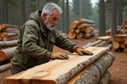 Ouvrier forestier inspectant des planches de chêne empilées dans un chantier de vente directe de bois