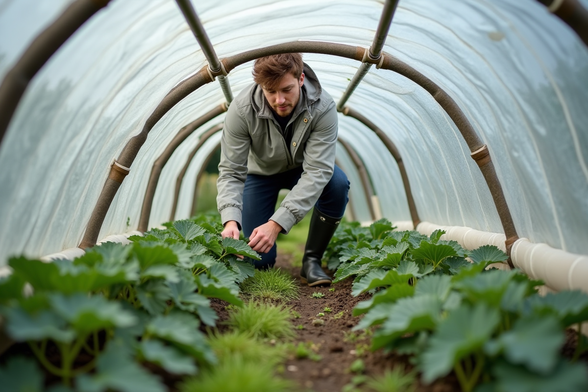 Jeune homme installe un tunnel pour ses aubergines