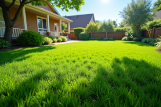 Jardin avec pelouse verte bien tondue et ombres naturelles