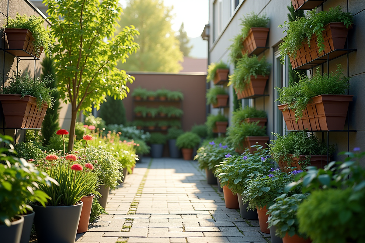 Jardin compact bien organisé avec plantes verticales et chemins intelligents