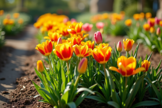 Jardin bien entretenu avec fleurs aux U en plein soleil
