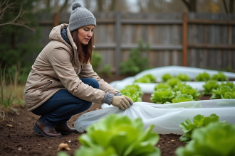 Femme en jardinage couvre des laitues avec un voile