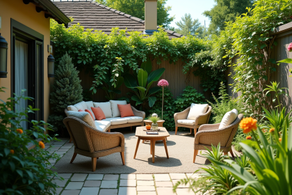 Jardin de petite taille avec erreurs d'aménagement et plantes surchargées