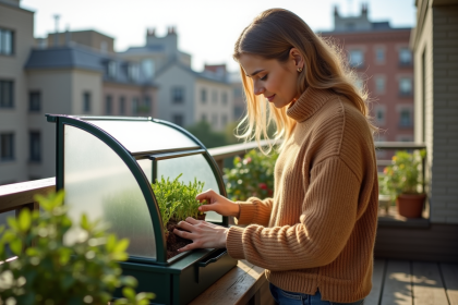Femme arrangeant des semis dans un mini serre sur balcon urbain