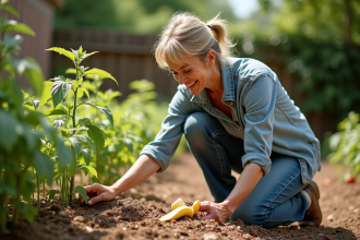 Femme jardinant avec des bananes autour de tomates
