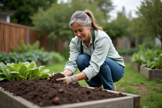 Femme d'âge moyen en jardinage appliquant du compost