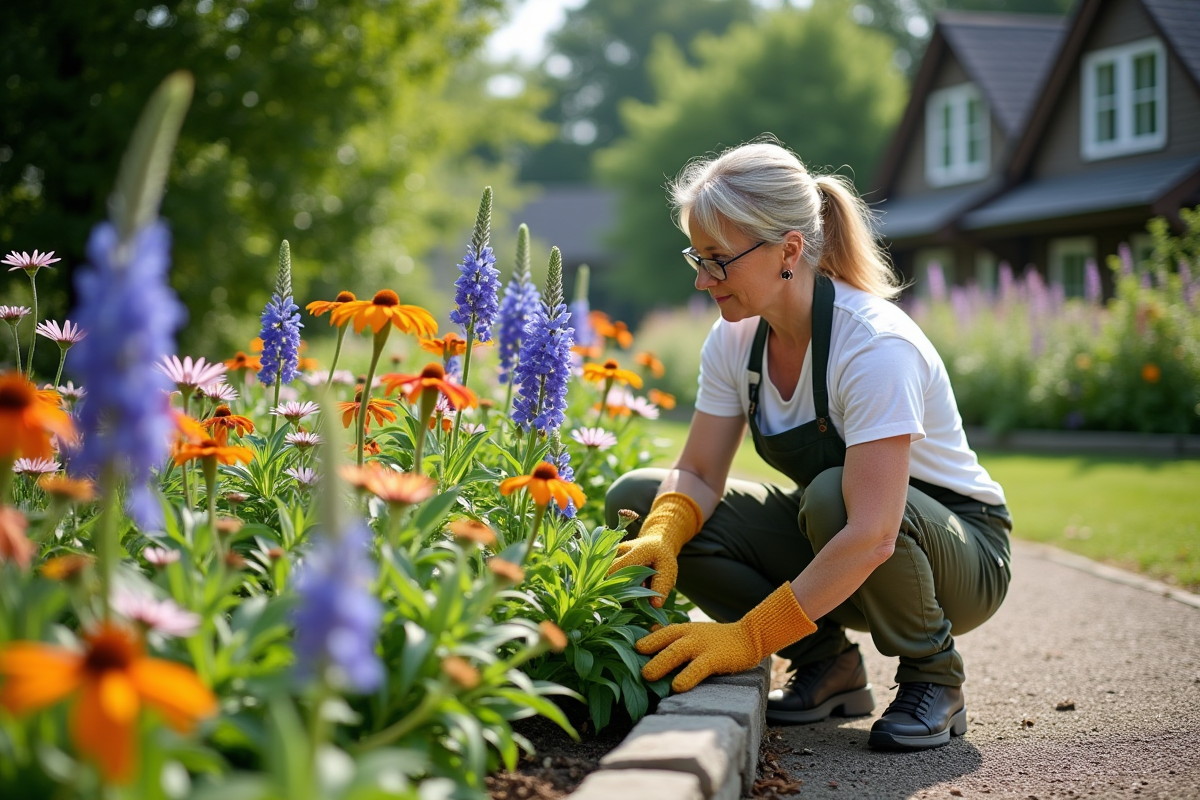 Femme d'âge moyen en jardinage près de fleurs hautes