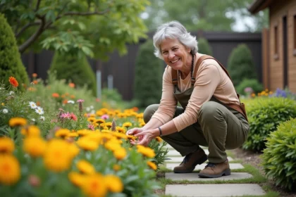 Femme souriante en jardinage arrangeant des fleurs colorées