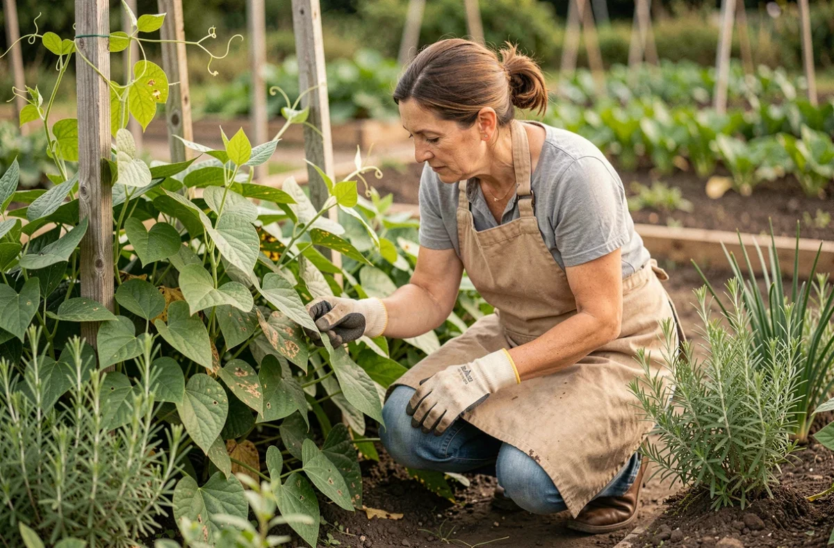 Jardinière inspectant des haricots verts associés à des herbes aromatiques pour prévenir les maladies au potager