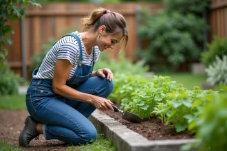 Femme en salopette plantant des herbes dans un jardin