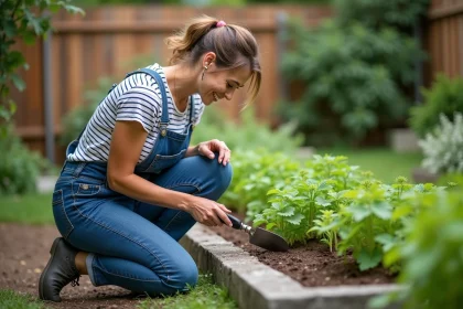 Femme en salopette plantant des herbes dans un jardin
