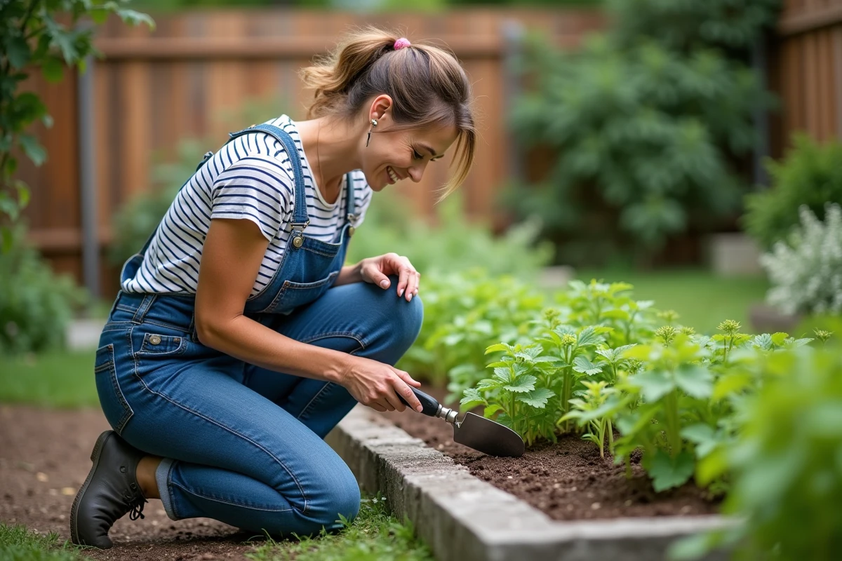 Femme en salopette plantant des herbes dans un jardin