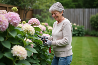 Femme moyenne âge prune des hortensias dans son jardin