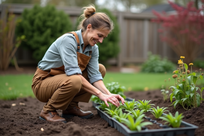 Femme en salopette jardinant avec jeunes plants de perennes