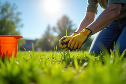 Personne à genoux dans un jardin vert en train de désherber
