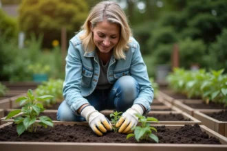 Femme plantant des jeunes plants de tomates dans le jardin