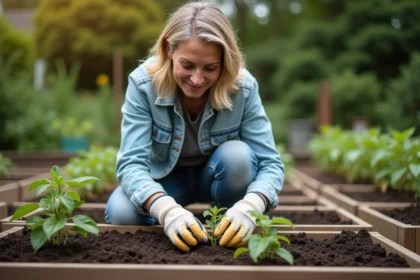 Femme plantant des jeunes plants de tomates dans le jardin