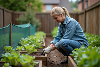 Femme jardinant avec clôture simple dans un jardin verdoyant