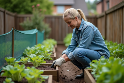 Femme jardinant avec clôture simple dans un jardin verdoyant