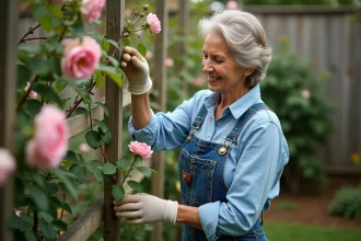 Femme d'âge moyen taillant un rosier dans le jardin