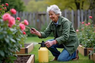 Femme jardinant avec pulvérisateur sur un rosier au printemps