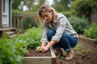 Femme en jeans semant du persil dans son jardin
