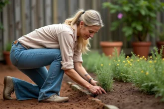 Femme plantant un thym dans un jardin en extérieur