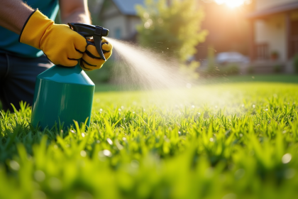 Jardinier appliquant un spray anti-mauvaises herbes sur la pelouse
