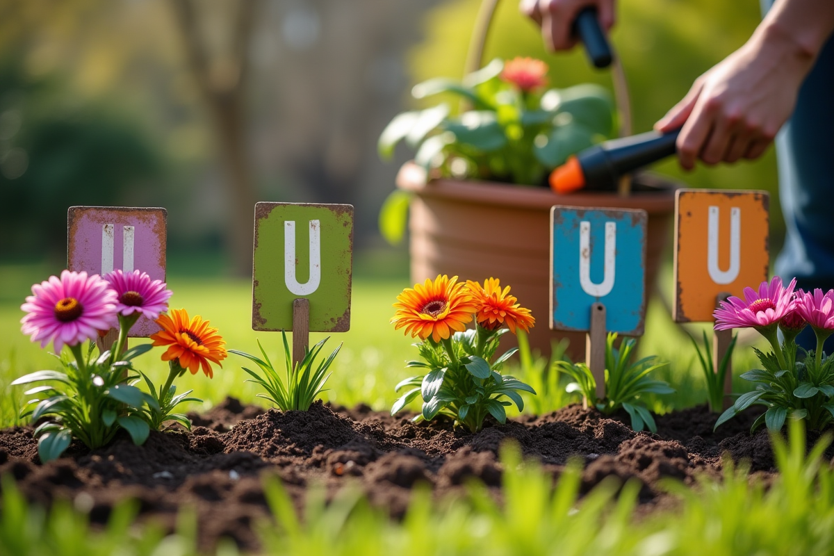 Jardinier plantant par erreur des fleurs aux U avec outils