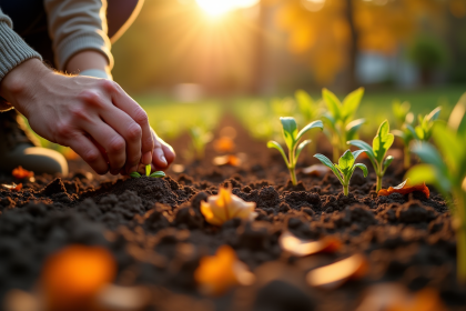 Jardinier semant des graines dans un jardin d automne