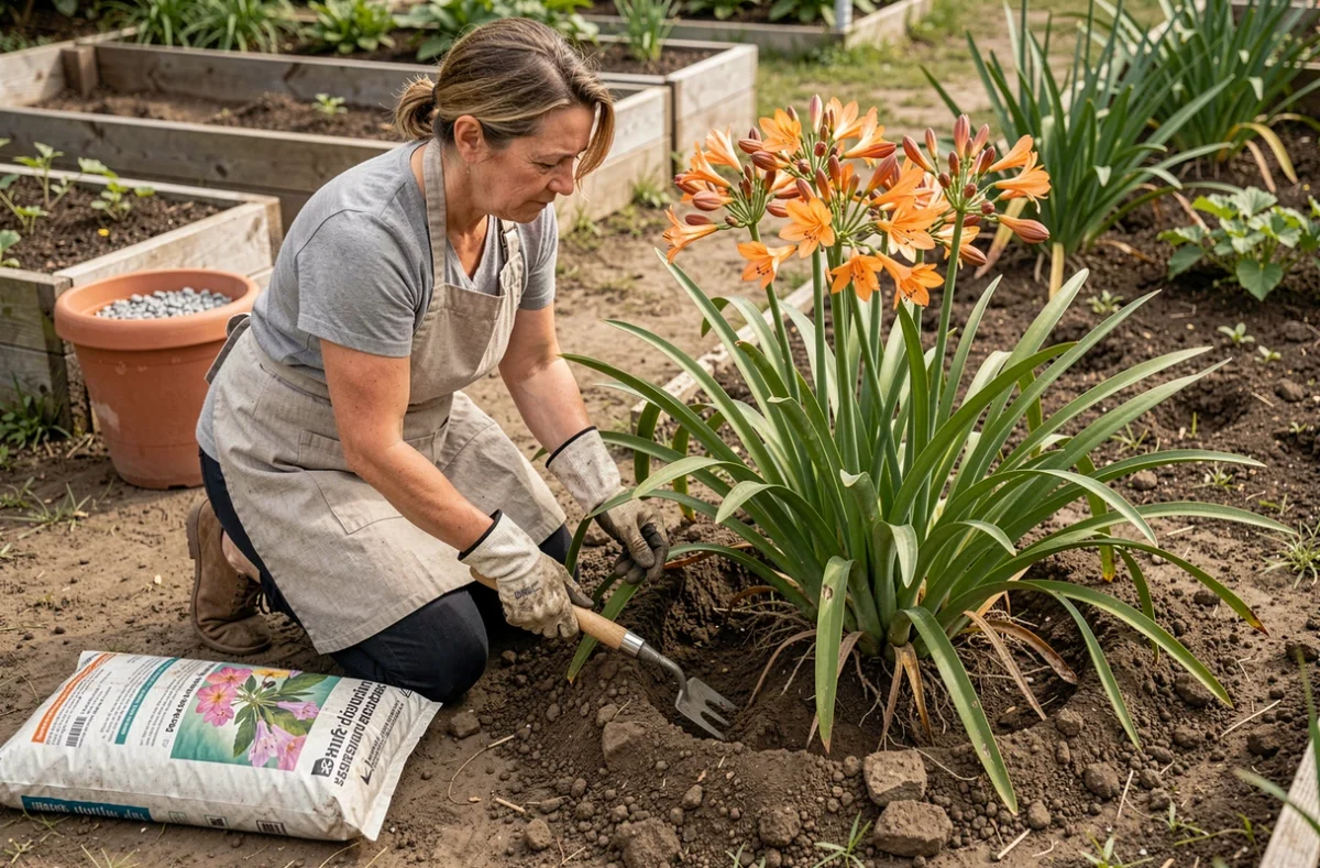 Jardinière amendant un sol argileux autour d'agapanthes oranges avec une fourche à main