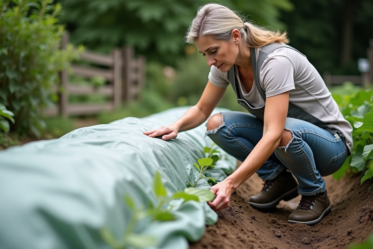 Femme jardinant couvre ses aubergines dans le jardin