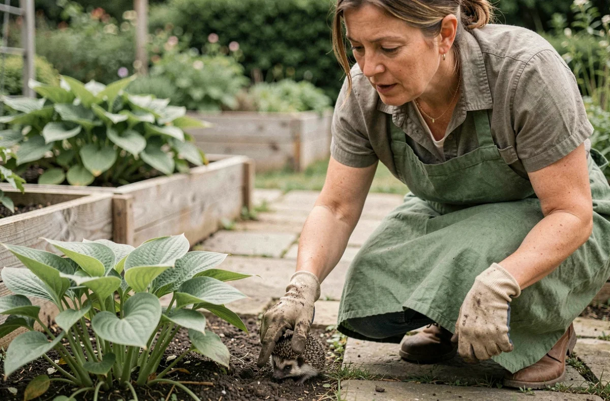 Jardinière identifiant une crotte de hérisson dans un parterre de jardin en pointant du doigt