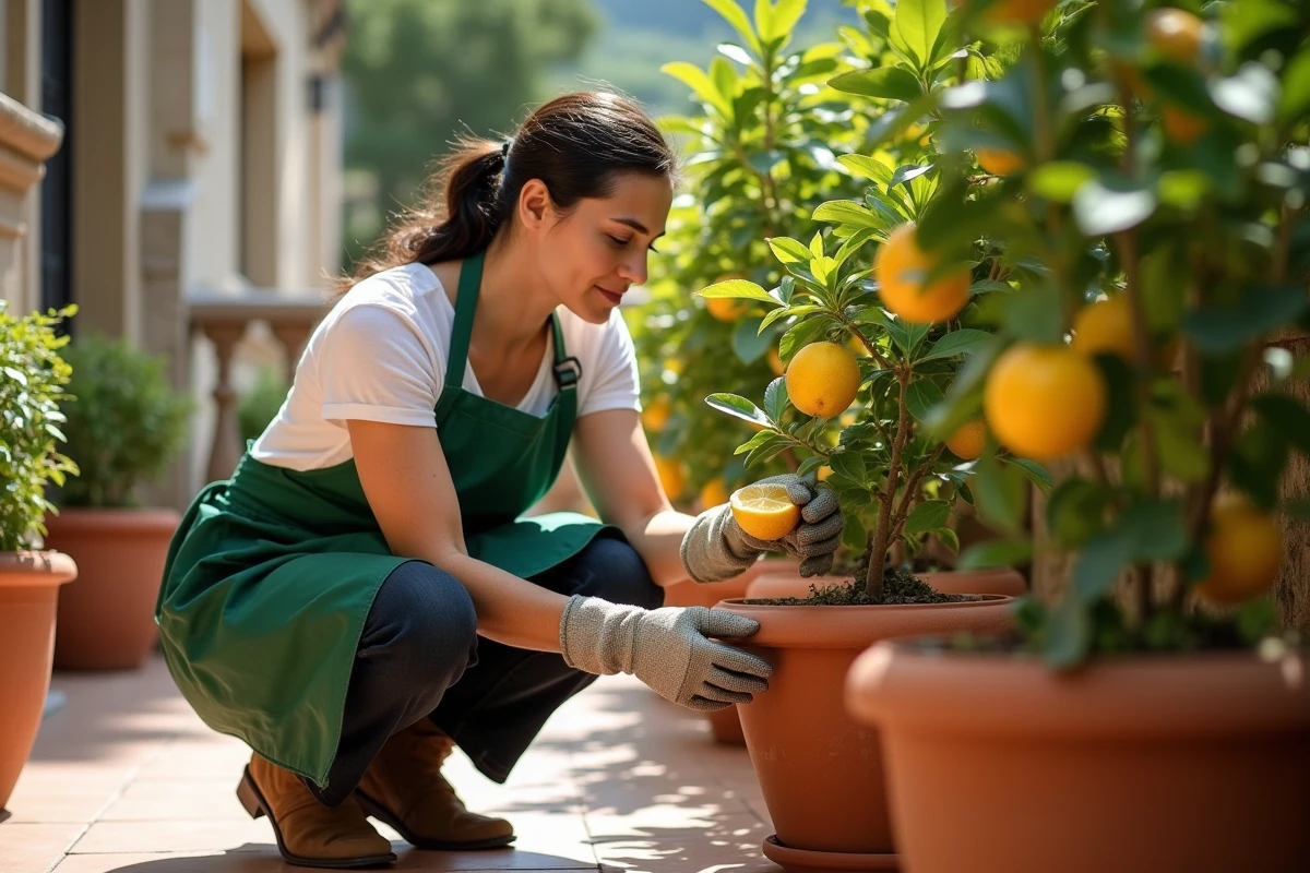Jardinière inspectant les feuilles jaunes d'un citronnier en pot sur une terrasse méditerranéenne