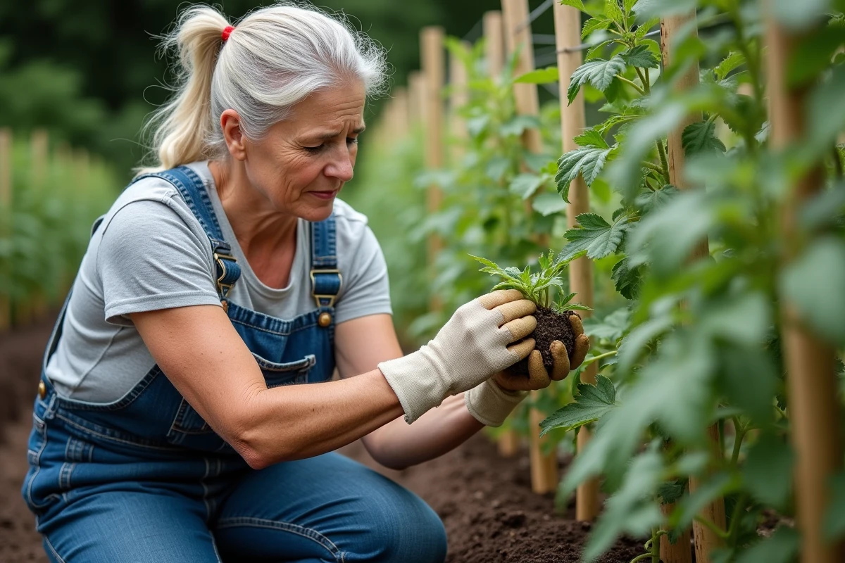 Jardinière inspectant des plants de tomates pour détecter des taches noires et signes de pourriture dans un potager