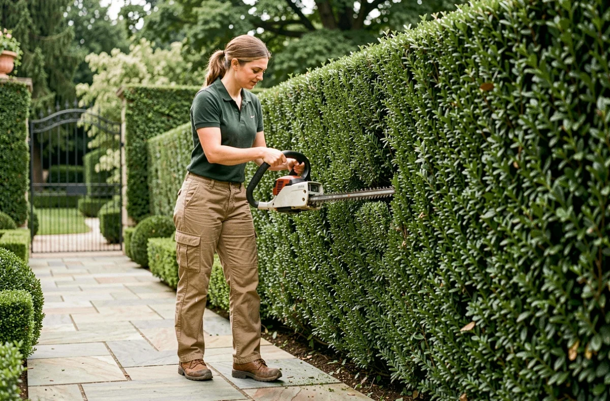 Jardinière professionnelle taillant une haie de buis avec un taille-haie électrique dans un jardin privé