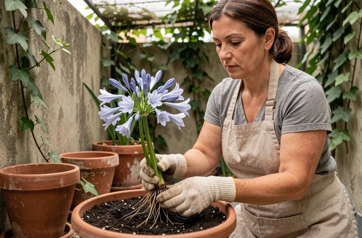 Femme jardinière transplantant un agapanthe en pot dans un jardin ombragé en terrasse urbaine