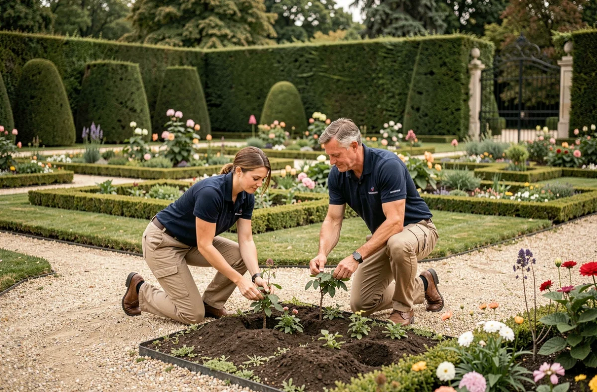 Équipe de Jardiniers S.A.P plantant des fleurs dans un jardin formel parisien