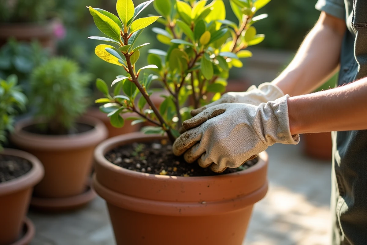 Jardinière inspectant les feuilles jaunes d'un laurier rose en pot sur une terrasse, diagnostic d'un problème foliaire post-floraison