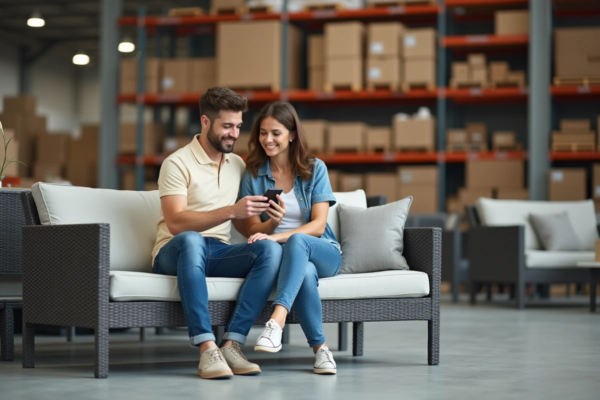 Jeune couple comparant prix sur smartphone dans le jardin