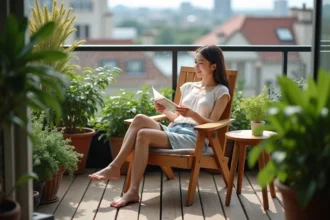 Jeune femme relaxant sur un fauteuil en bois dans un balcon urbain
