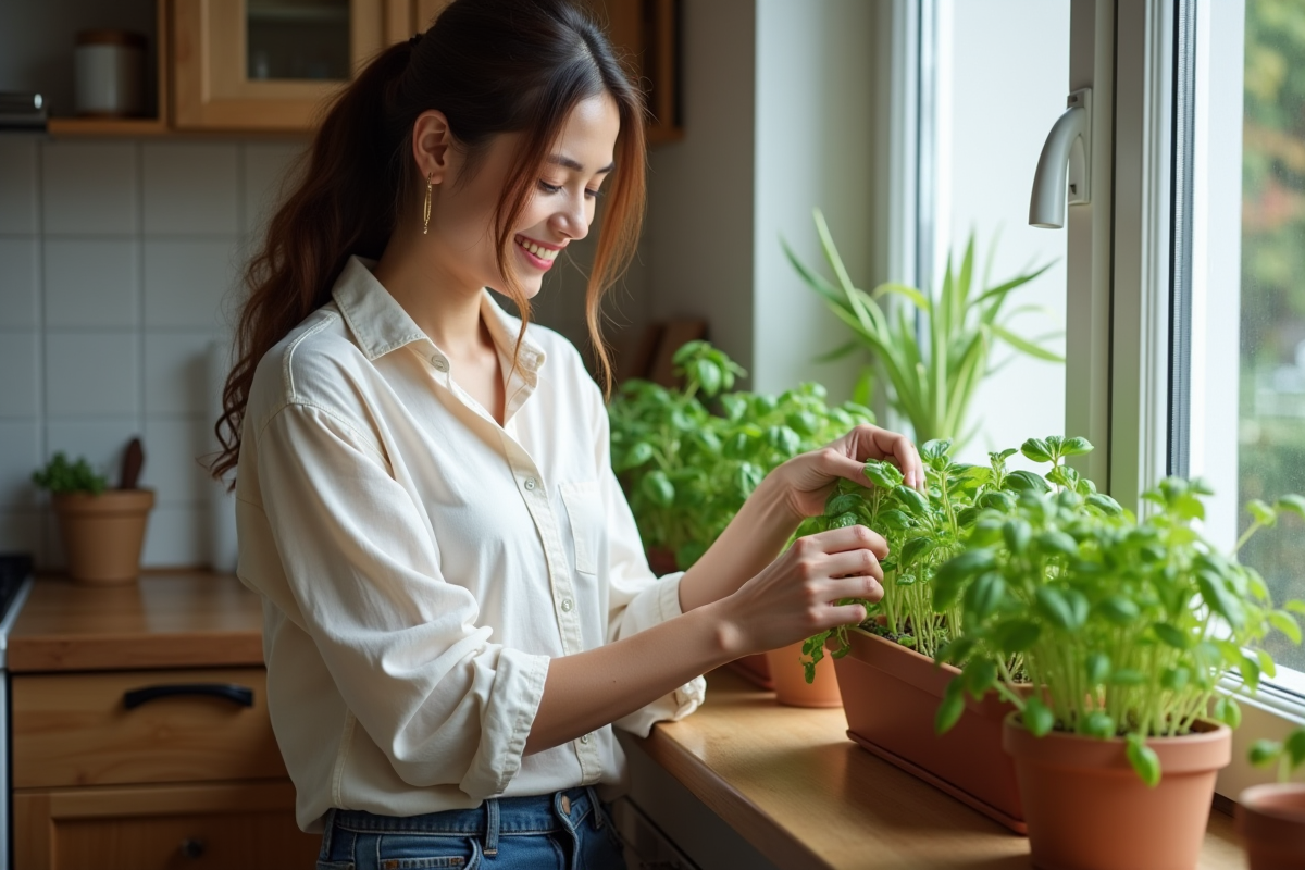 Jeune femme cueillant du basilic dans une cuisine chaleureuse