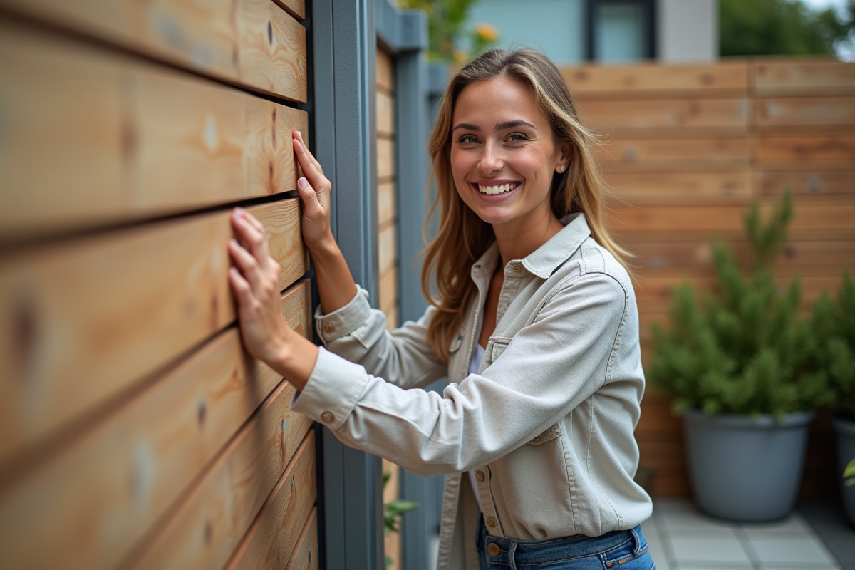 Jeune femme souriante fixant une planche de clôture en bois