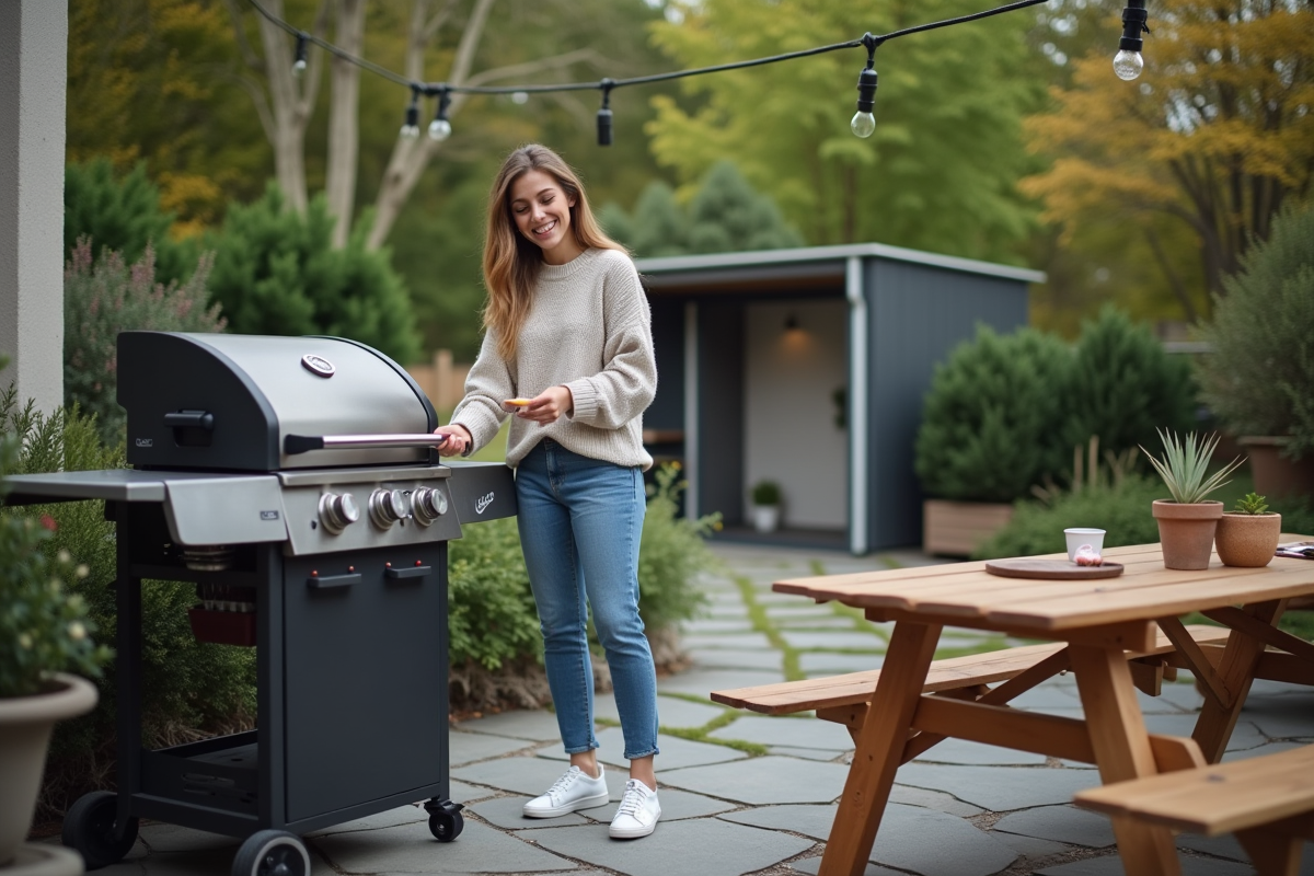 Jeune femme souriante nettoyant un barbecue en plein air
