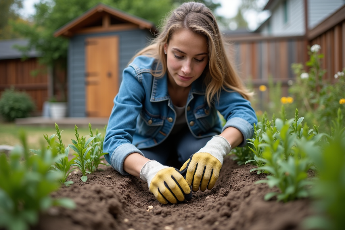 Jeune femme plantant des vivaces dans un jardin arrière