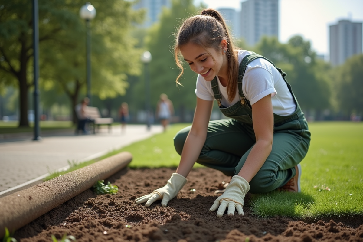 Jeune femme en salopettes plantant de la pelouse dans un parc