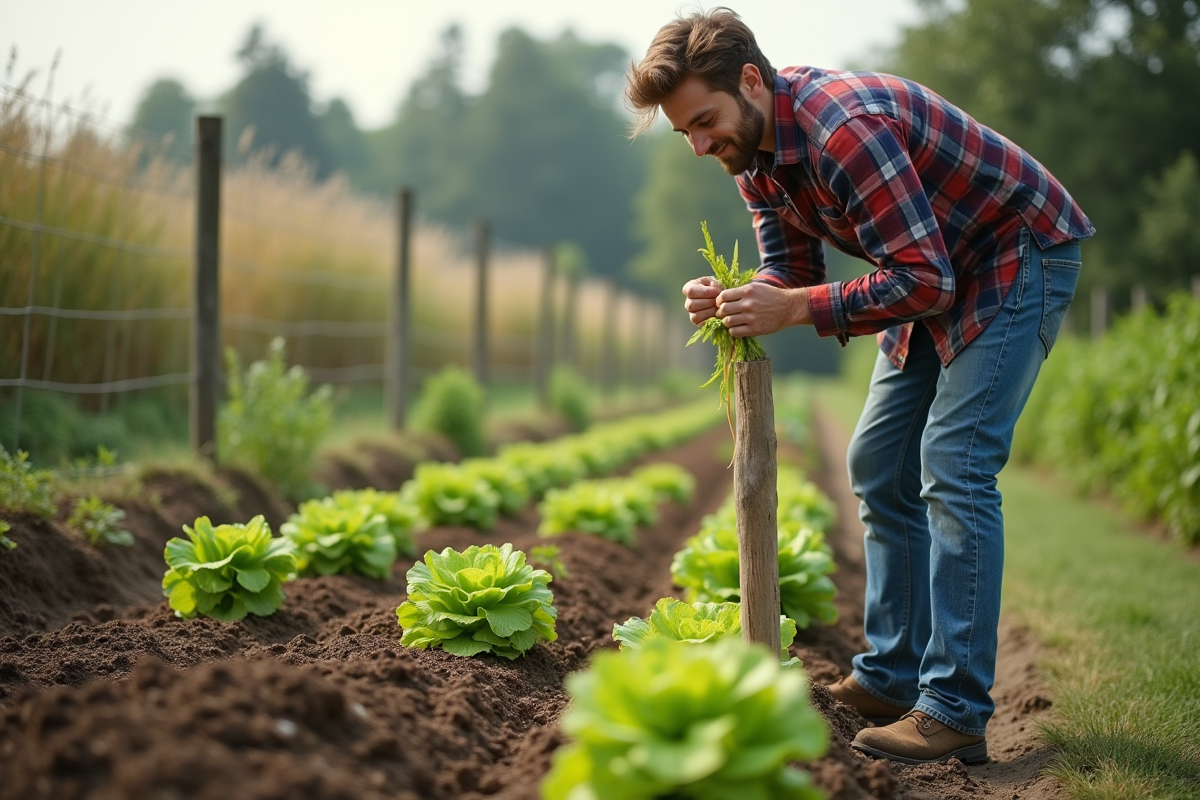 Jeune homme attachant un ruban biodégradable sur un piquet en jardin