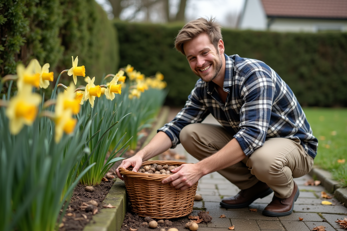 Jeune homme plaçant des bulbes de daffodils dans un panier