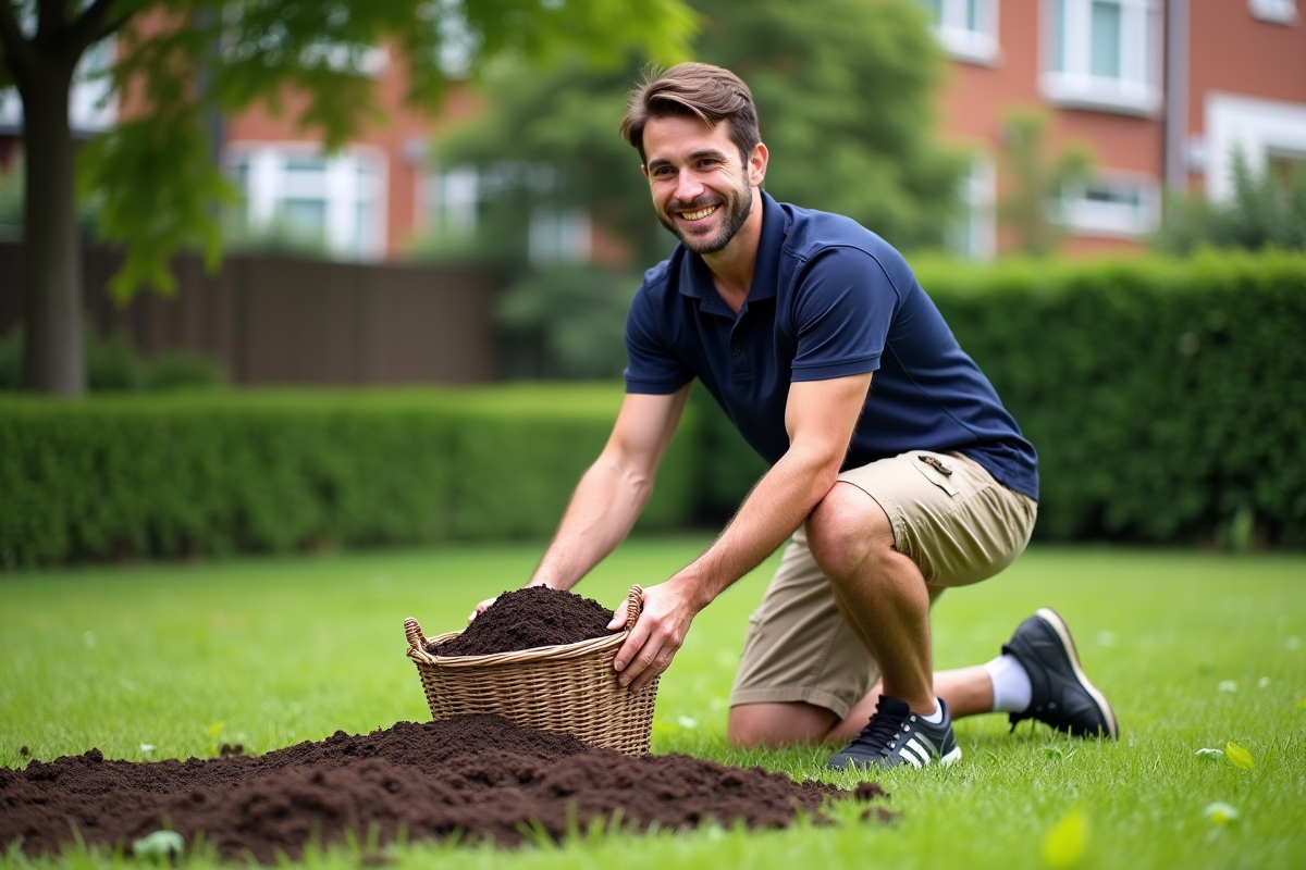 Jeune homme étalant du compost dans un jardin urbain